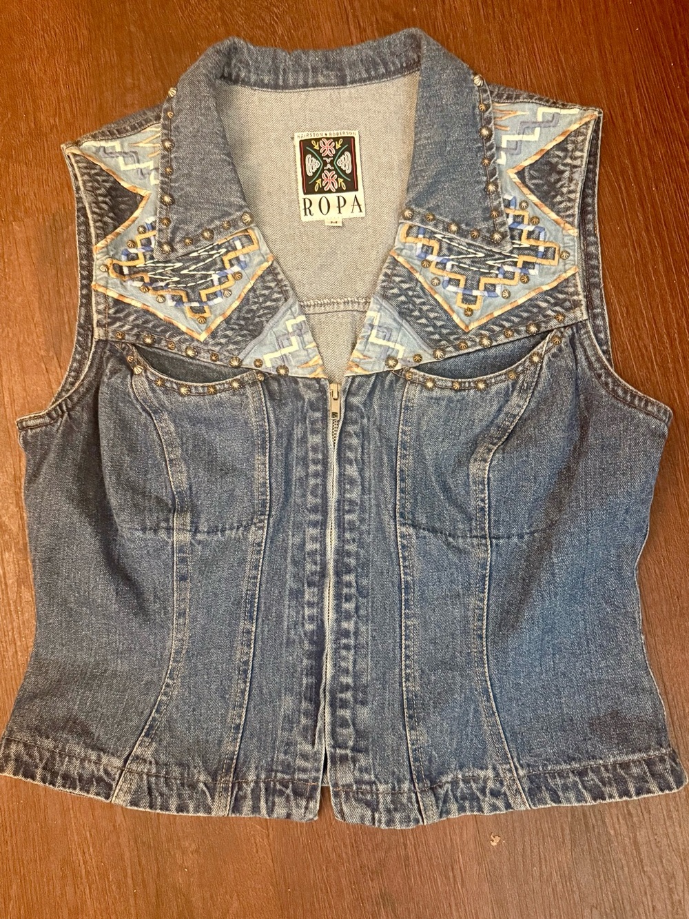 ROPA Women's Blue Embroidered Denim Vest